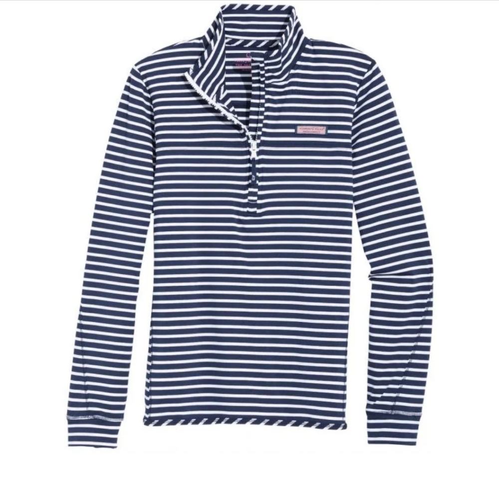 Vineyard Vines Navy and White Striped Quarter-Zip Long Sleeve Top